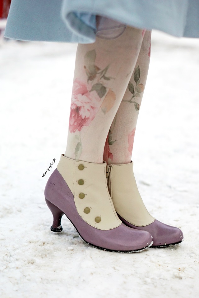 Winnipeg Style Fashion stylist, canadian blogger, Tabbisocks rose print pink cream Japan tights, John Fluevog Ida Clark Bellevues pastel purple spat boots